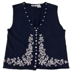 Vintage Capacity Beaded Floral V-Neck Button Down Navy Blue Sweater Vest